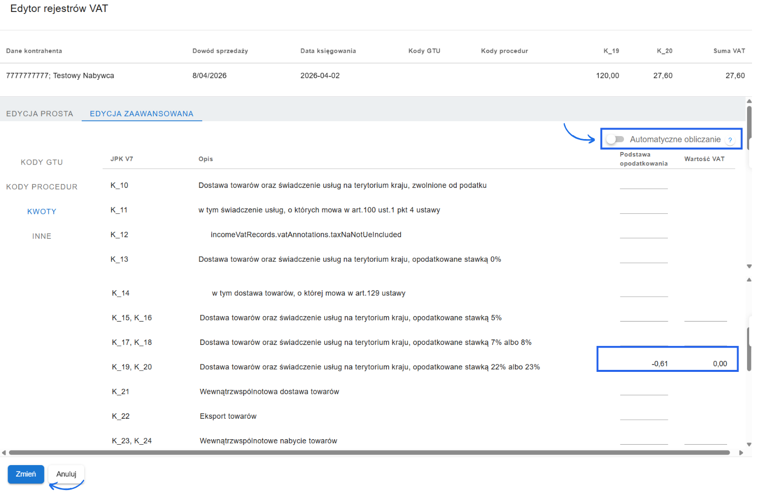 Zaawansowana edycja rejestrów sprzedaży z nieaktywną opcją automatyczne obliczanie.