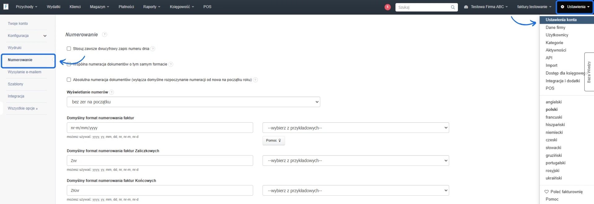 Ustawienia numeracji dokumentów w systemie księgowym, z możliwością wyboru domyślnego formatu i opcji wspólnej numeracji dokumentów.
