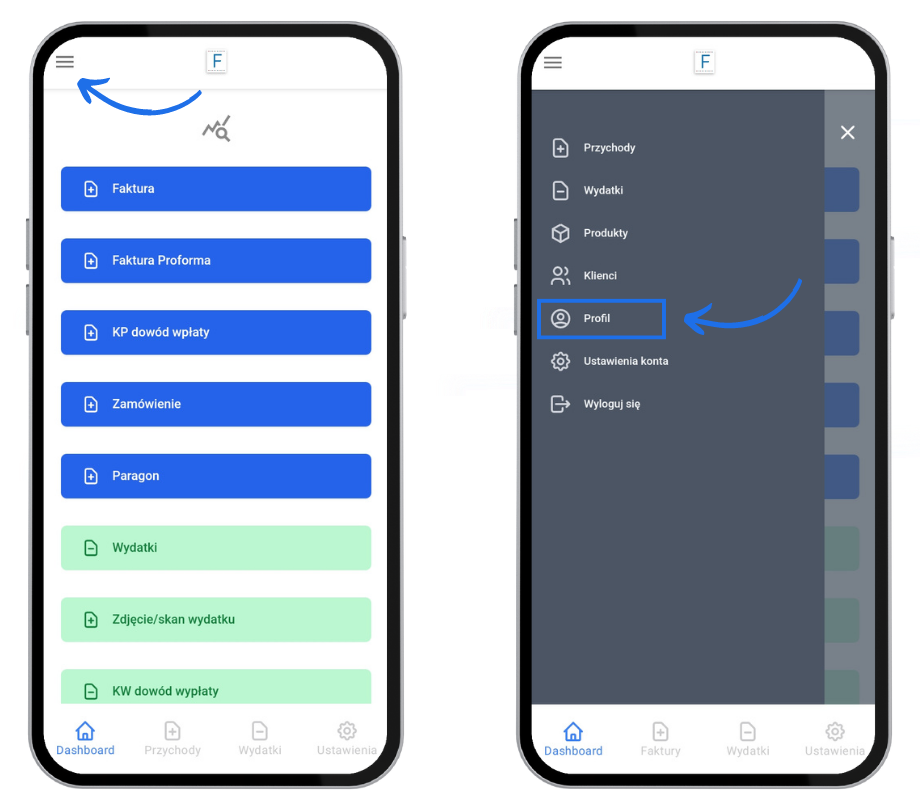 Dwa ekrany aplikacji mobilnej Fakturownia – ekran główny z menu faktur oraz otwarte menu boczne z wybraną opcją 'Profil'.