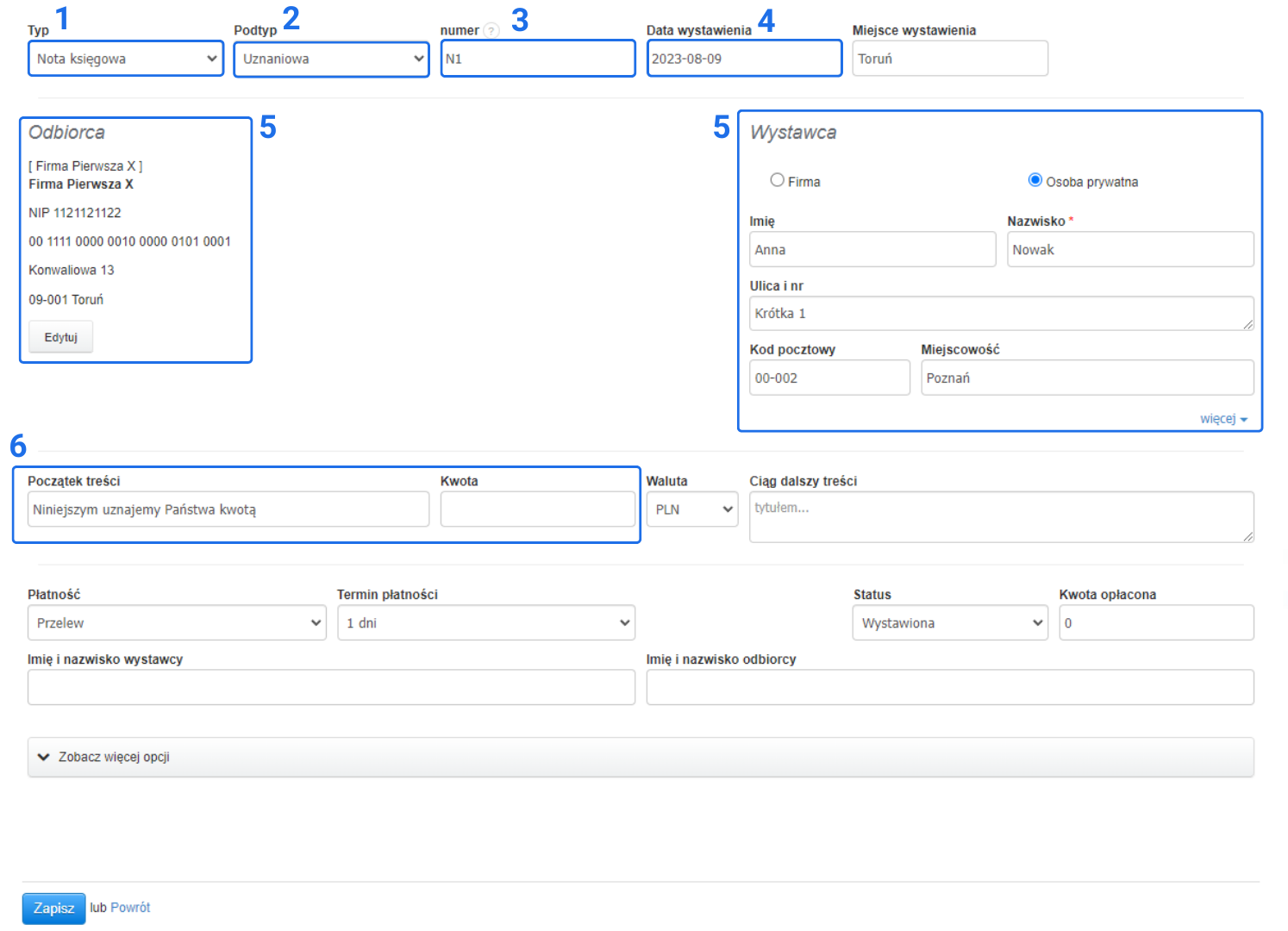 Formularz wystawiania noty księgowej z wypełnionymi polami typu, podtypu, numeru, daty wystawienia, miejsca wystawienia, odbiorcy, wystawcy, treści, kwoty, waluty, płatności i statusu.