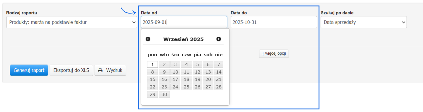 Formularz ustawień dla raportu Produkty: marża na podstawie faktur z możliwością wyboru zakresu dat z kalendarza, który uwzględniać ma raport.