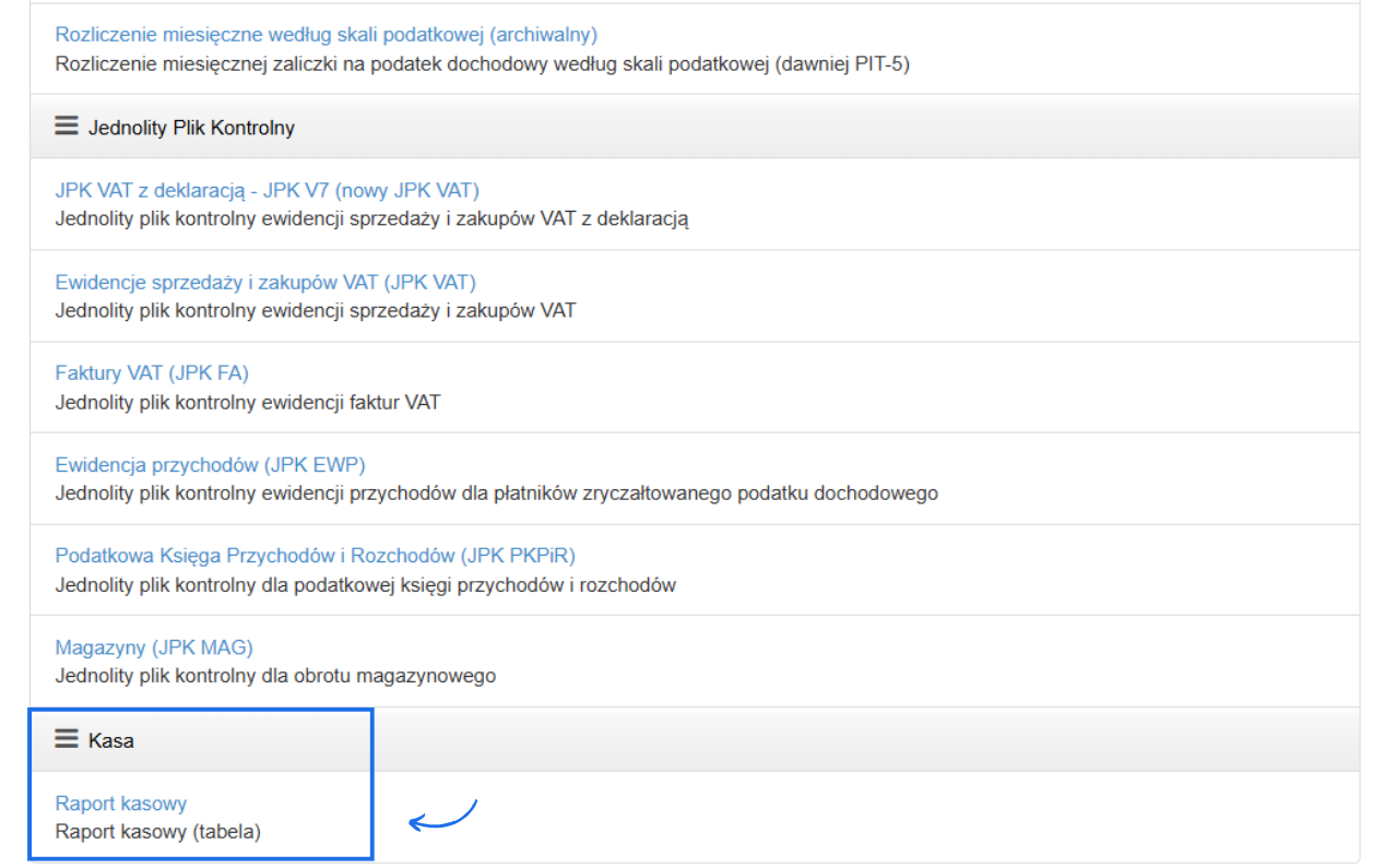 Lista raportów dostępna w systemie Fakturownia z jednolitymi plikami kontrolnymi oraz raportem kasowym.