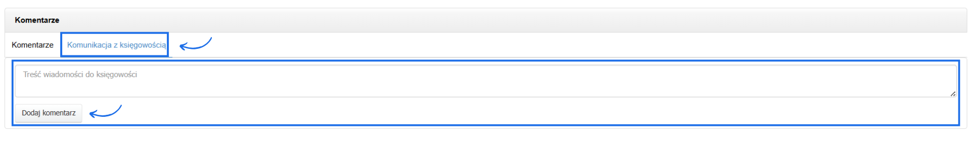Sekcja komentarzy dostępna pod fakturą kosztową z możliwością wymieniania wiadomości z księgową dodaną do konta jako użytkownik. 