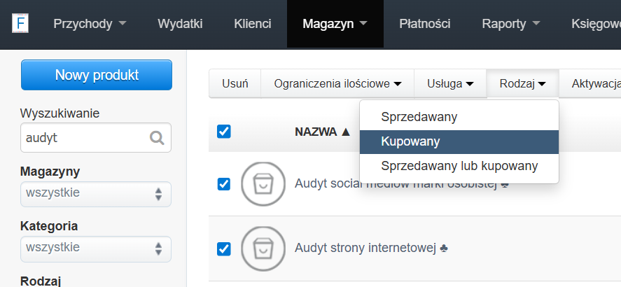 Widok listy produktów w zakładce „Magazyn” z filtrem rodzaju ustawionym na „Kupowany” i zaznaczonymi audytami jako produkty.
