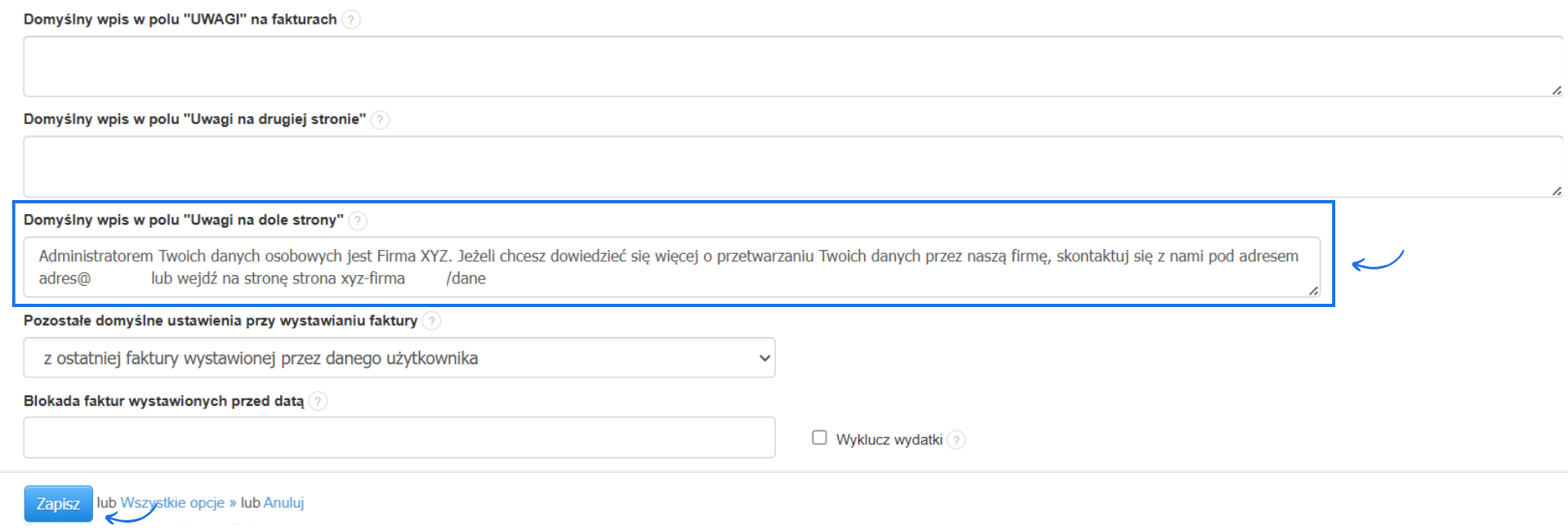 Ustawienia konta w systemie Fakturownia z możliwością skonfigurowania treści domyślnych uwag na dokumencie, w tym domyślnych uwag, które pojawią się na dole strony.