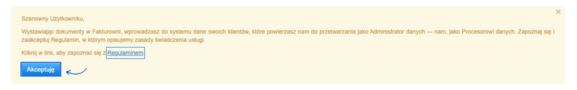 Komunikat w systemie Fakturownia dotyczący przetwarzania danych osobowych i akceptacji regulaminu serwisu.