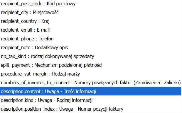 Lista zmiennych do importu faktur ze zmiennymi dotyczącymi uwag: rodzaj informacji, treść informacji i numer pozycji faktury.