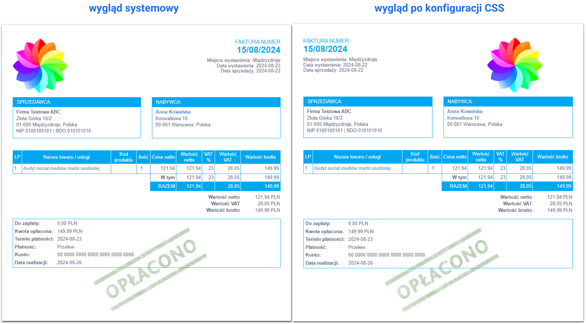 Porównanie wyglądu faktury przed i po konfiguracji CSS, zmiana układu elementów oraz stylu logo i numeru faktury na dokumencie.