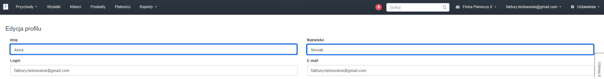 Formularz edycji profilu użytkownika z aktywnym polem imię i nazwisko, które będzie wskazywać na wystawcę faktury.