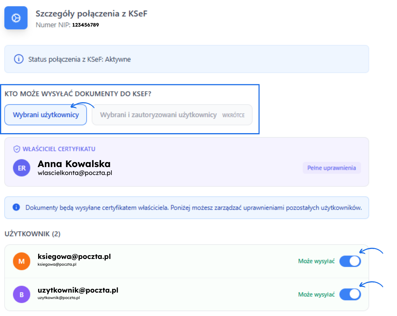 Sekcja uprawnień użytkowników w ustawieniach integracji KSeF w Fakturowni z opcjami wysyłki dokumentów.