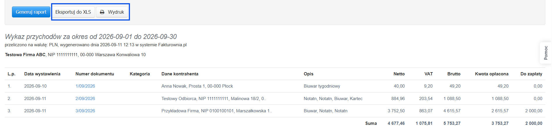 Opcje eksportu danych z raportu wykaz przychodów - eksport do XLS lub wydruk.