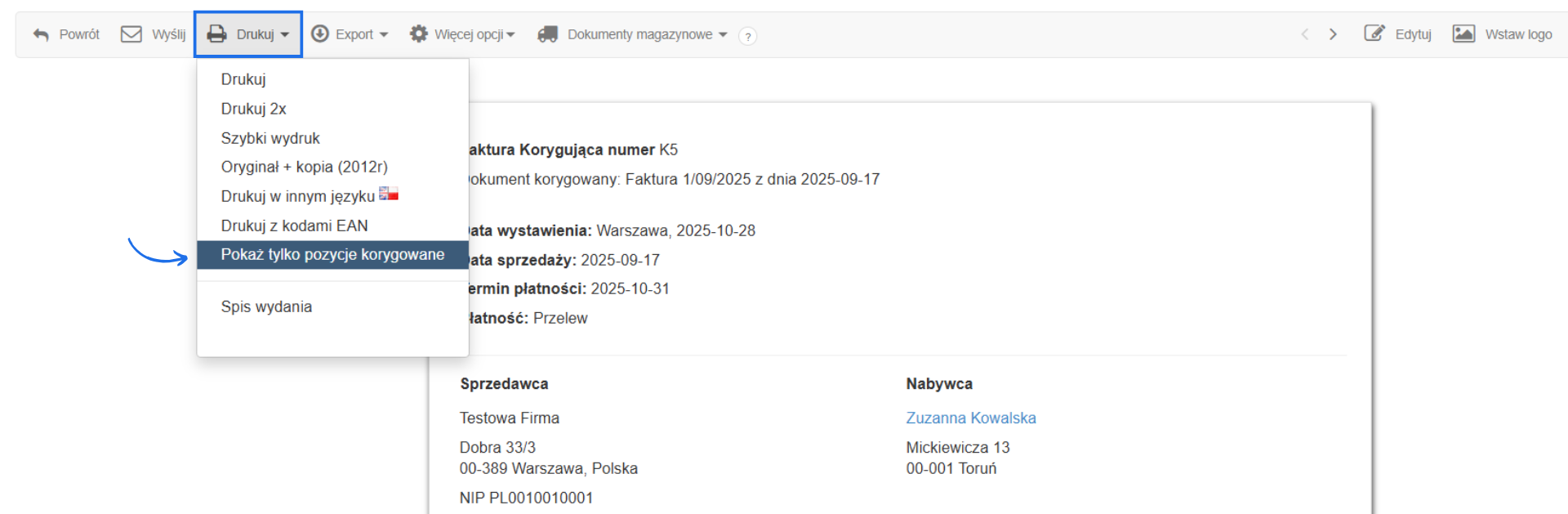 Podgląd faktury korygującej K5 z aktywną opcją drukuj w menu podręcznym i wybraną opcją pokaż tylko opcje korygowane.