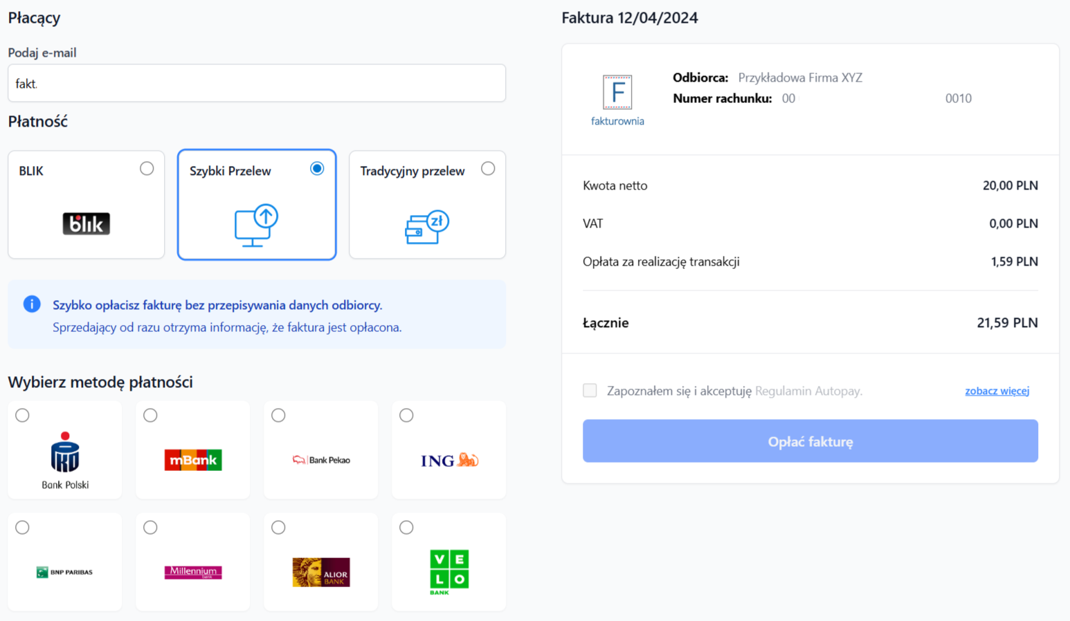 Ekran płatności online z wyborem metody: BLIK, szybki przelew, tradycyjny przelew, opcje banków oraz szczegóły faktury z podsumowaniem kwoty do zapłaty