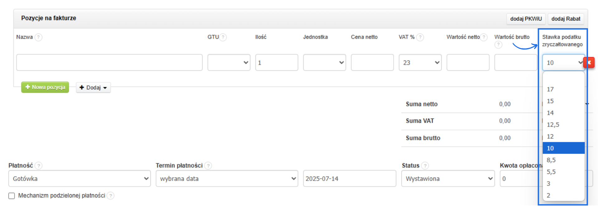 Widok edycji faktury z aktywną listą rozwijaną „Stawka podatku zryczałtowanego” – wybrana stawka to 10%.