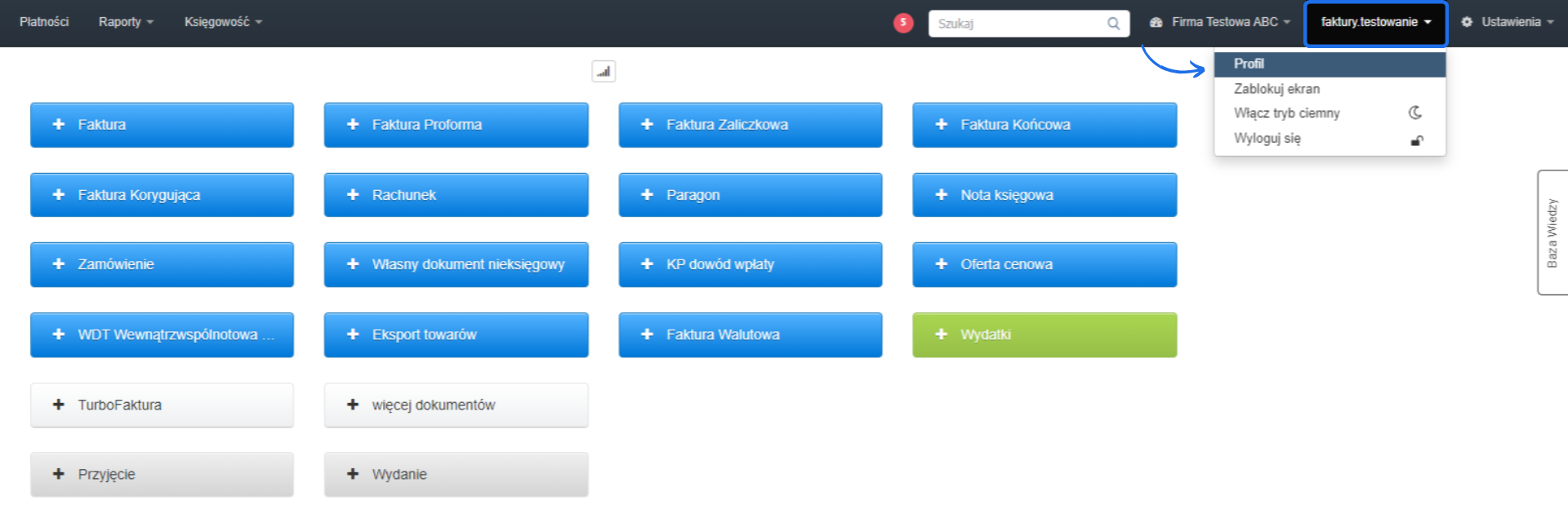 Panel główny z opcjami tworzenia faktur, zamówień, wydatków oraz dostępem do profilu użytkownika z możliwością wylogowania i włączenia trybu ciemnego.