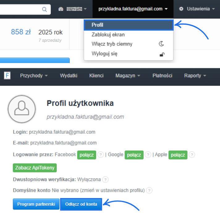 Widok profilu użytkownika w Fakturowni z opcją odłączenia konta i danymi logowania przez Facebook, Google i Apple.