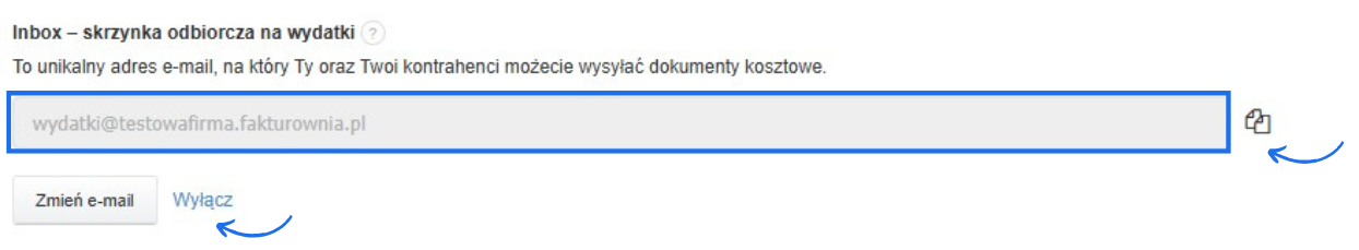 Okno konfiguracji skrzynki odbiorczej Inbox, pokazujące zapisany adres e-mail do wysyłania dokumentów kosztowych z możliwością zmiany lub wyłączenia tej opcji.