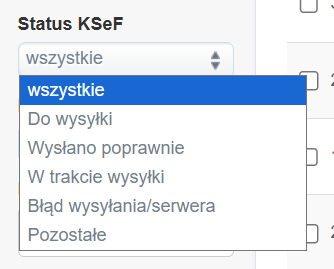 Lista filtrów statusu KSeF w systemie: wszystkie, do wysyłki, wysłano poprawnie, w trakcie wysyłki, błąd wysyłania/serwera, pozostałe.