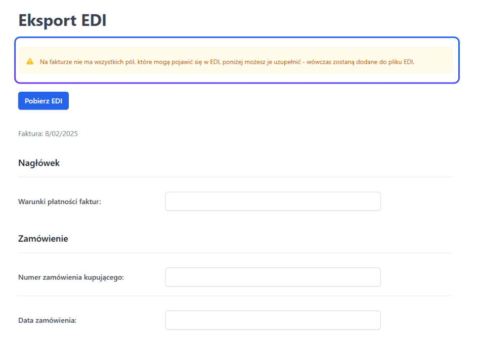 Strona eksportu faktury do formatu EDI w Fakturowni. Widoczny komunikat o brakujących polach oraz przycisk ‘Pobierz EDI’