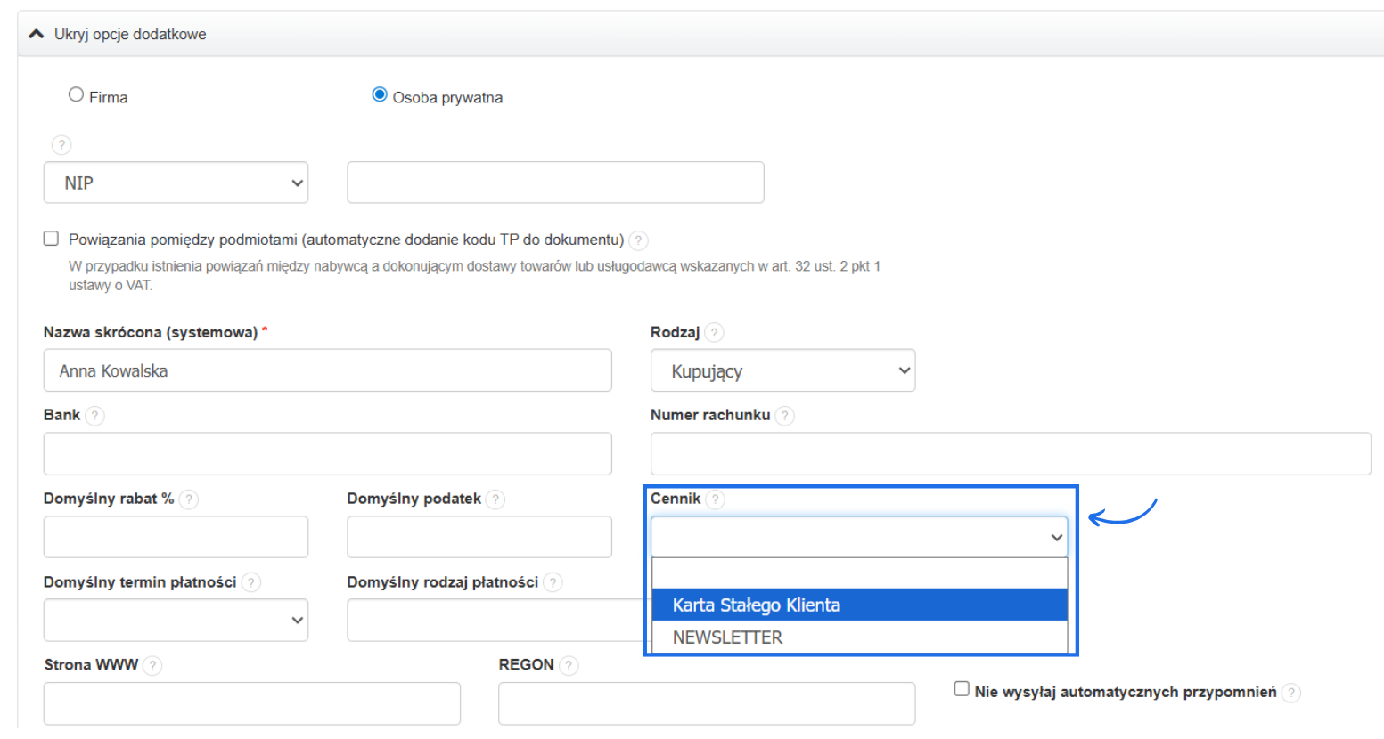 Formularz edycji danych klienta z dodatkową sekcją i opcją przypisania cennika.