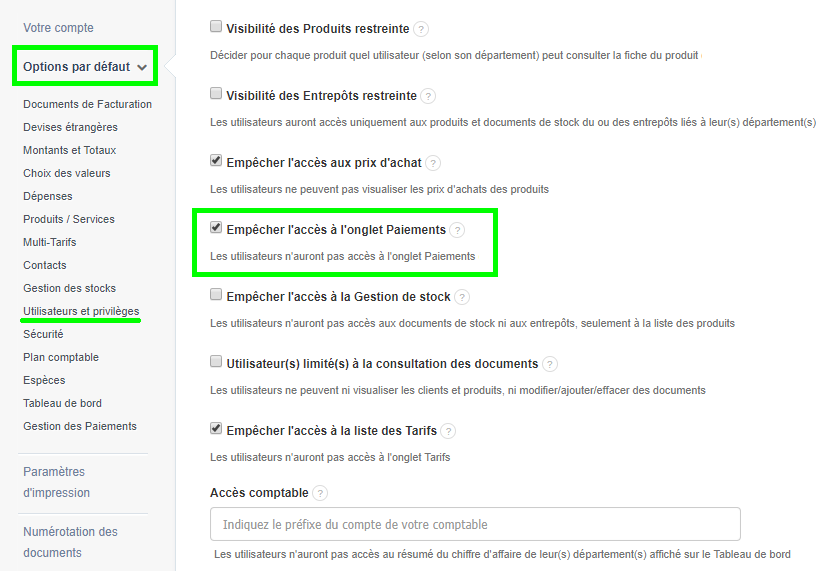 Facturation Accès Utilisateur restriction Entreprise Paiement Règlement