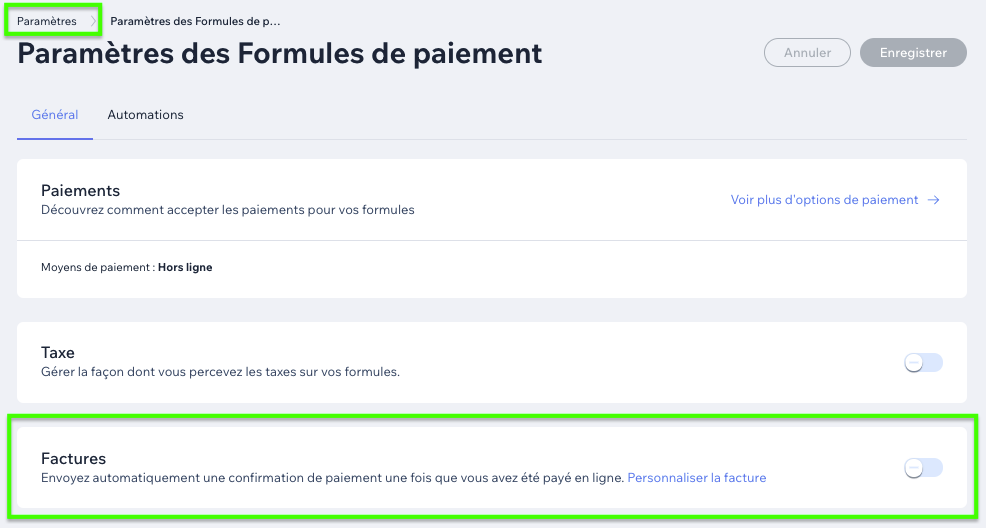 Wix Paramères envoi factures