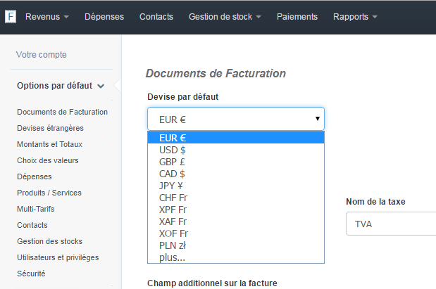 Choix de la Devise du Compte Facturation VosFactures.fr