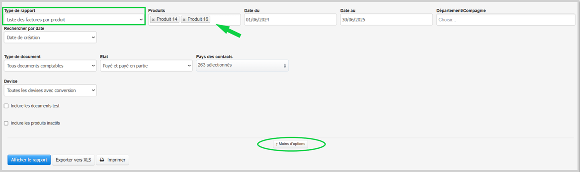 Facturation Rapport liste des Factures par produits  VosFactures
