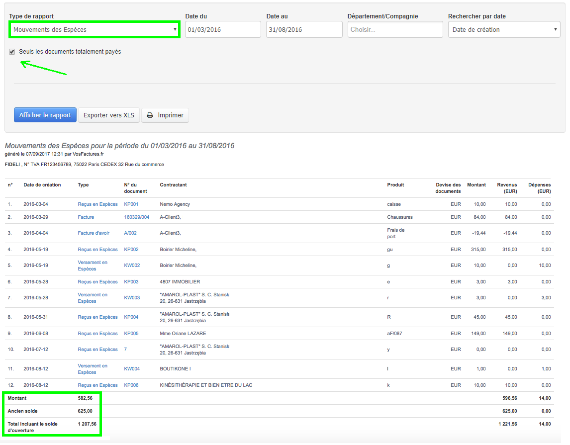 Facturation Rapport Espèces Caisse Solde Encaissement