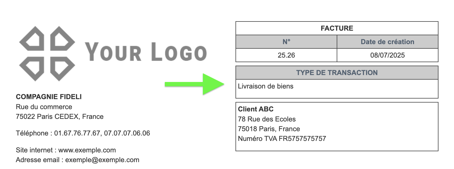 Modèle facture avec type de transaction