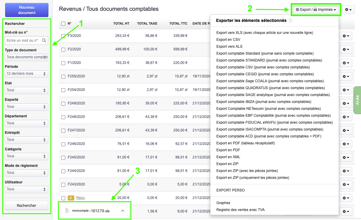 Télécharger Exporter Factures et Devis PDF Excel XLS Exports Comptables