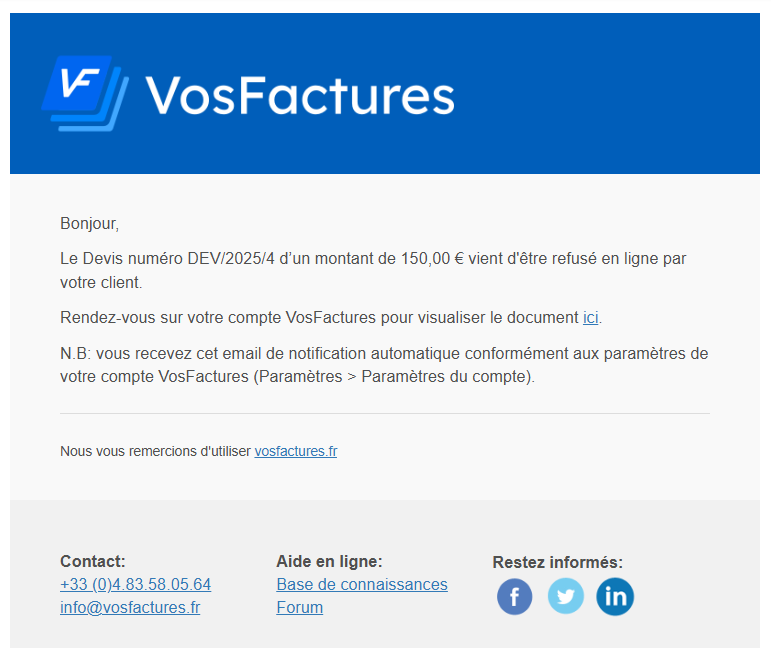 Notification par email en cas de refus d'un devis, bon de commande ou bon d'intervention