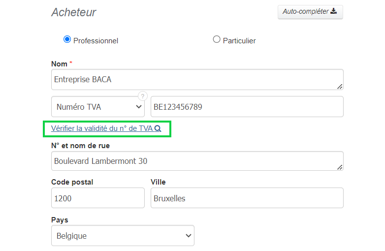 Bouton de validation automatique des numéros de TVA des clients intracommunautaires