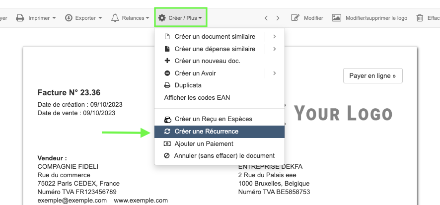 Créer une récurrence - Facturation Automatique 