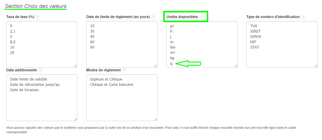Paramétrage Unité Disponible Facture