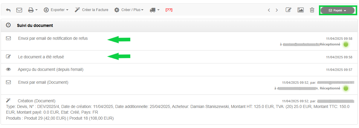 Suivi du document, historique du devis 