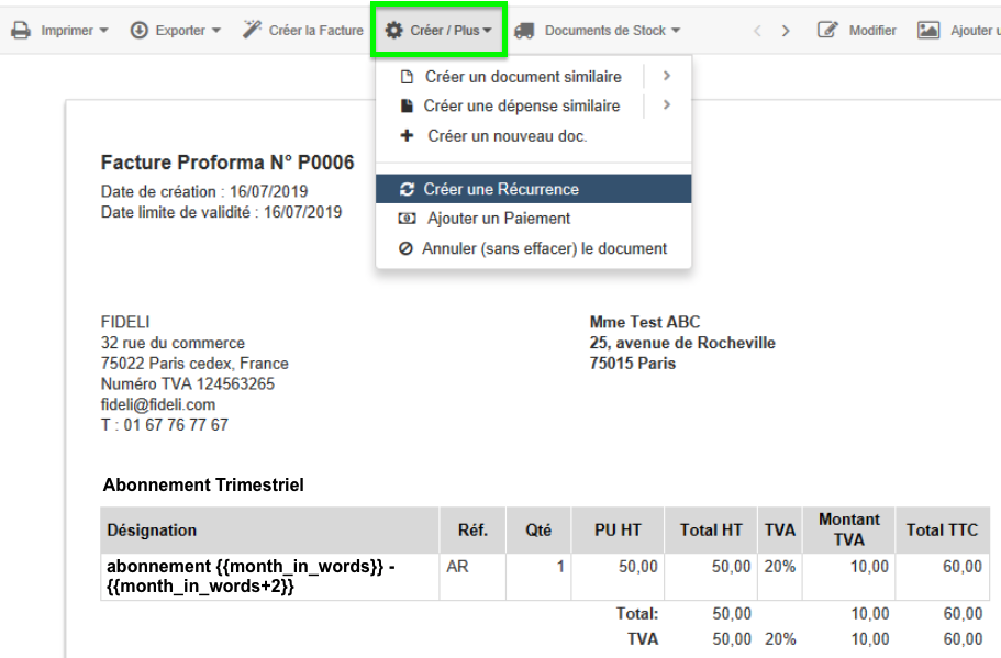 Création Facture Récurrente Depuis Proforma