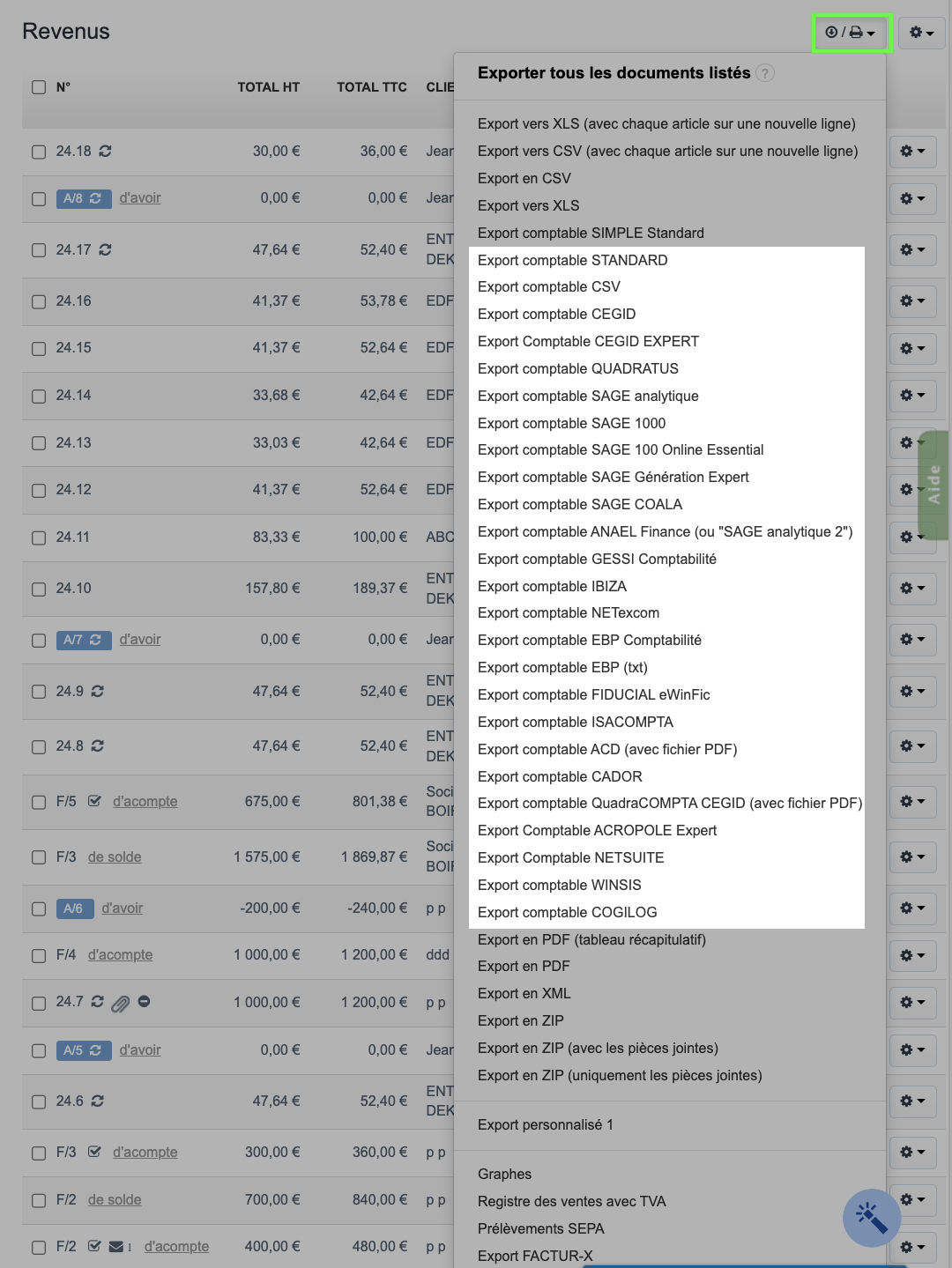Exports Comptables de Factures - Journal de Vente