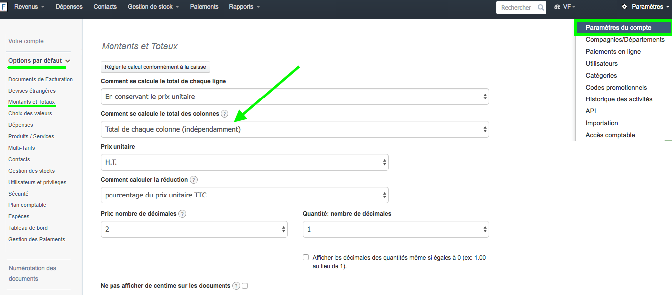 Paramètres du Compte Comment se Calcule le Total des Colonnes Facturation VosFactures