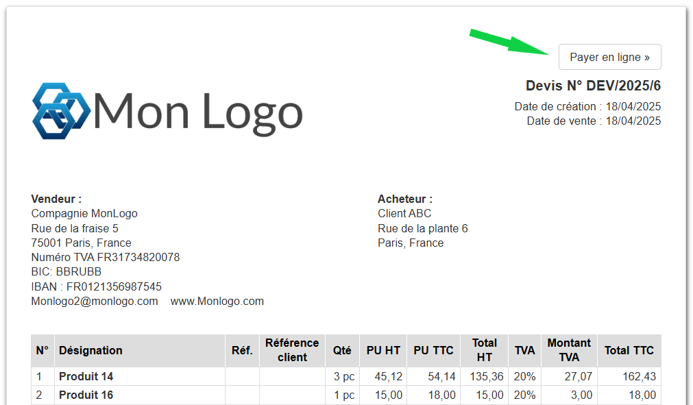 Bouton "Payer en Ligne" sur devis 