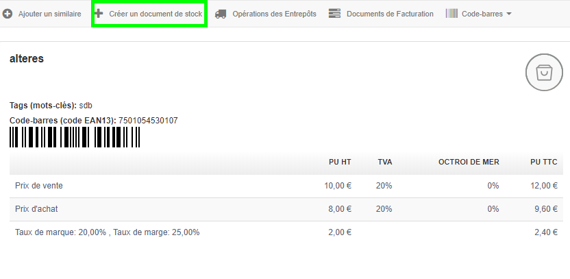 Créer Document Stock Depuis Fiche Produit