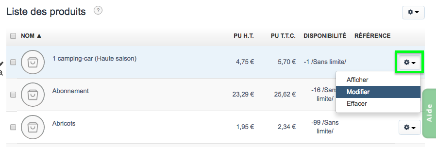 Onglet Modifier Produit Liste Produits