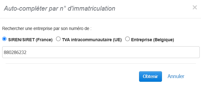 Module d'auto-complétion, saisir le numéro d’identification (siren, siret, tva) de l’entreprise du client