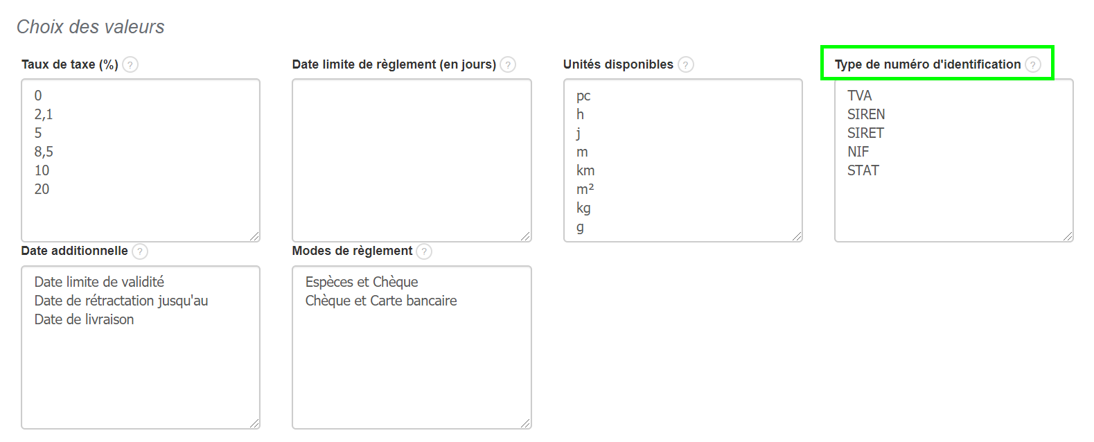 Personnaliser le Type du N° d'Identification Fiscale Facturation VosFactures.fr