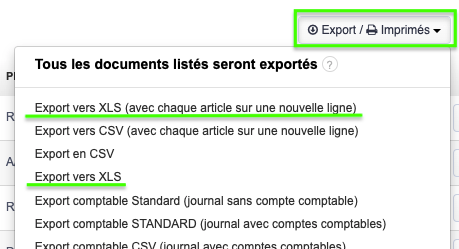 Factures Devis Dépenses Export Excel XLS Télécharger