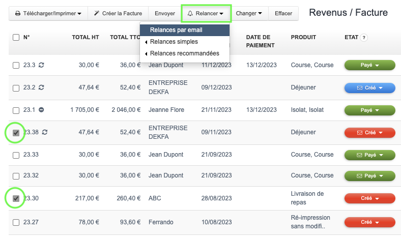 relances groupées par email facture gestion des impayés