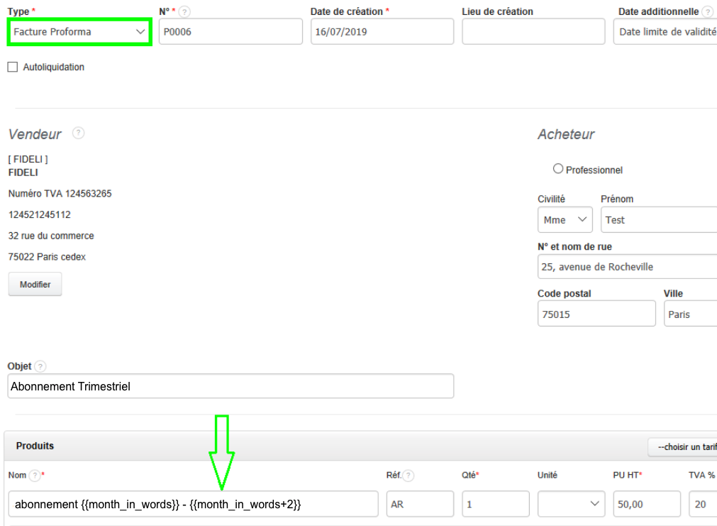 Créer Facture Proforma Récurrence Variables Date