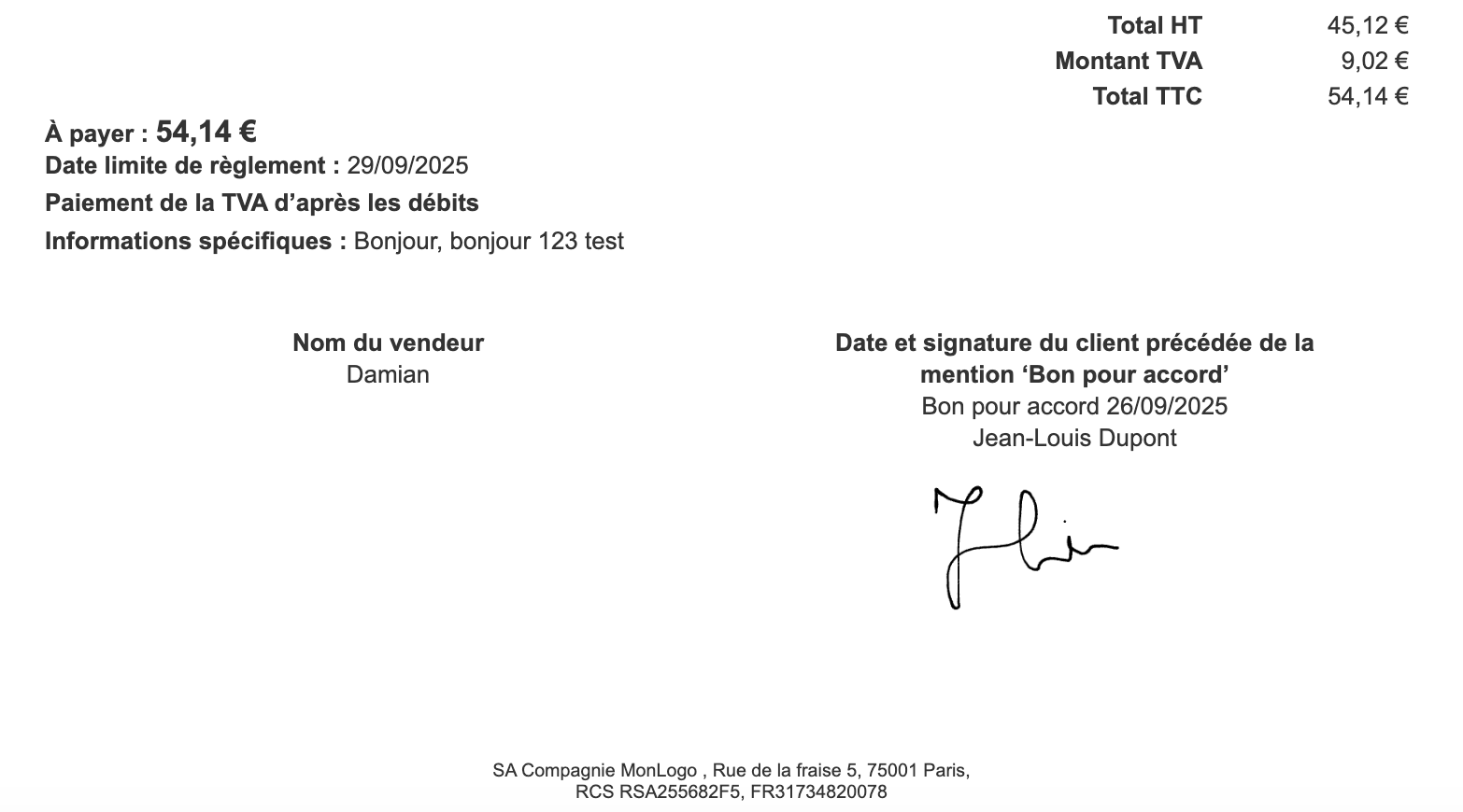 Signature en ligne avec nom du signatire sur devis