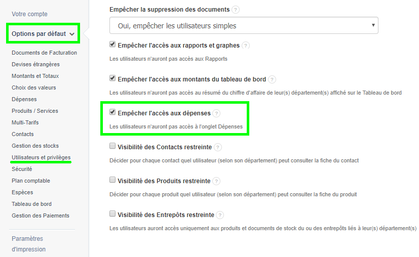 Facturation Accès Utilisateur Commercial Dépense Vente Restriction