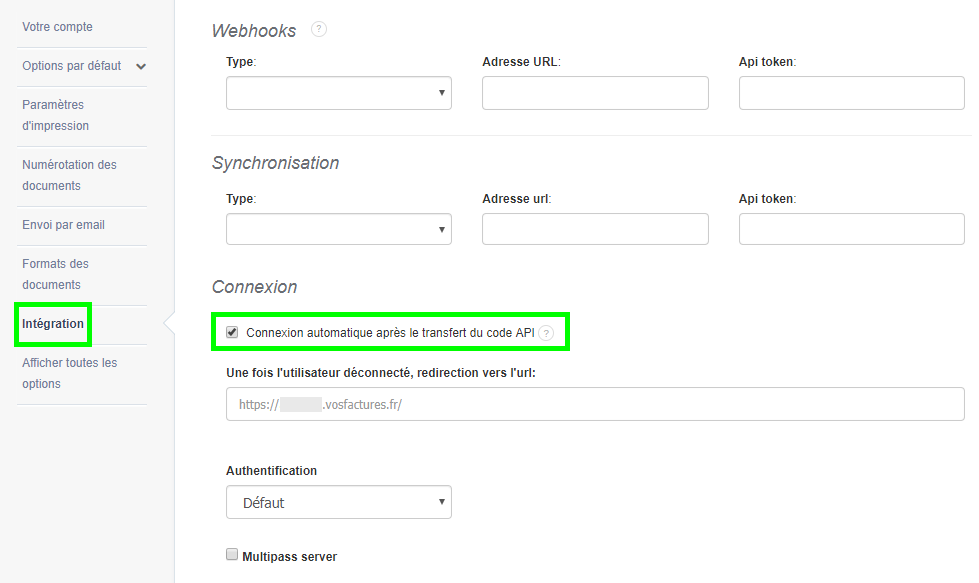 Facturation Intégration API Connexion